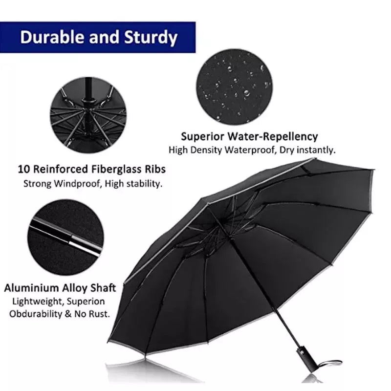 Inverted Windproof Folding Reverse Auto Umbrella with Reflective Stripe 10 Ribs