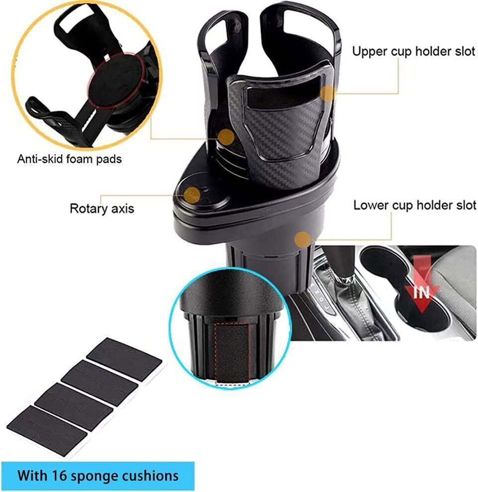 Car Cup Holder Expander Adapter 360°Rotating Adjustable Dual Drink Holders