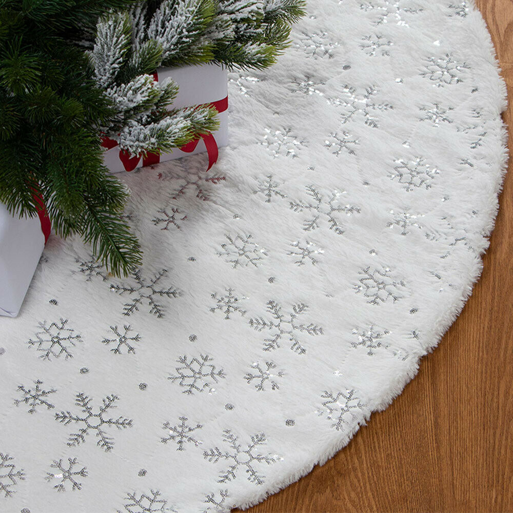 Christmas Tree Skirt Plush Floor Faux Fur Mat Home Xmas Snowflake Cover Ornament