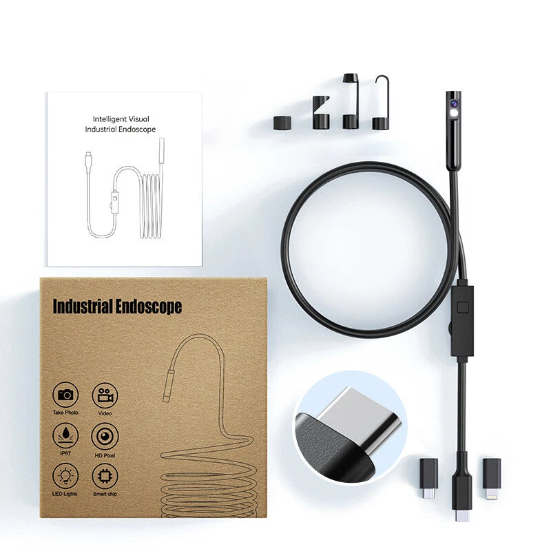 Dual Lens Endoscope Camera – FHD Waterproof Borescope with Light for iOS & Android Inspection