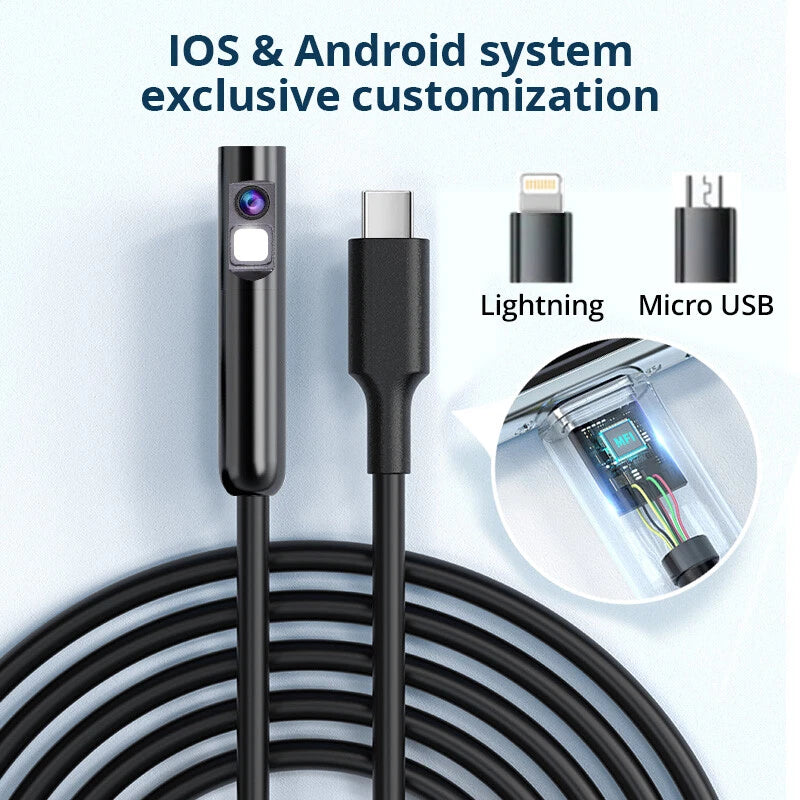Dual Lens Endoscope Camera – FHD Waterproof Borescope with Light for iOS & Android Inspection