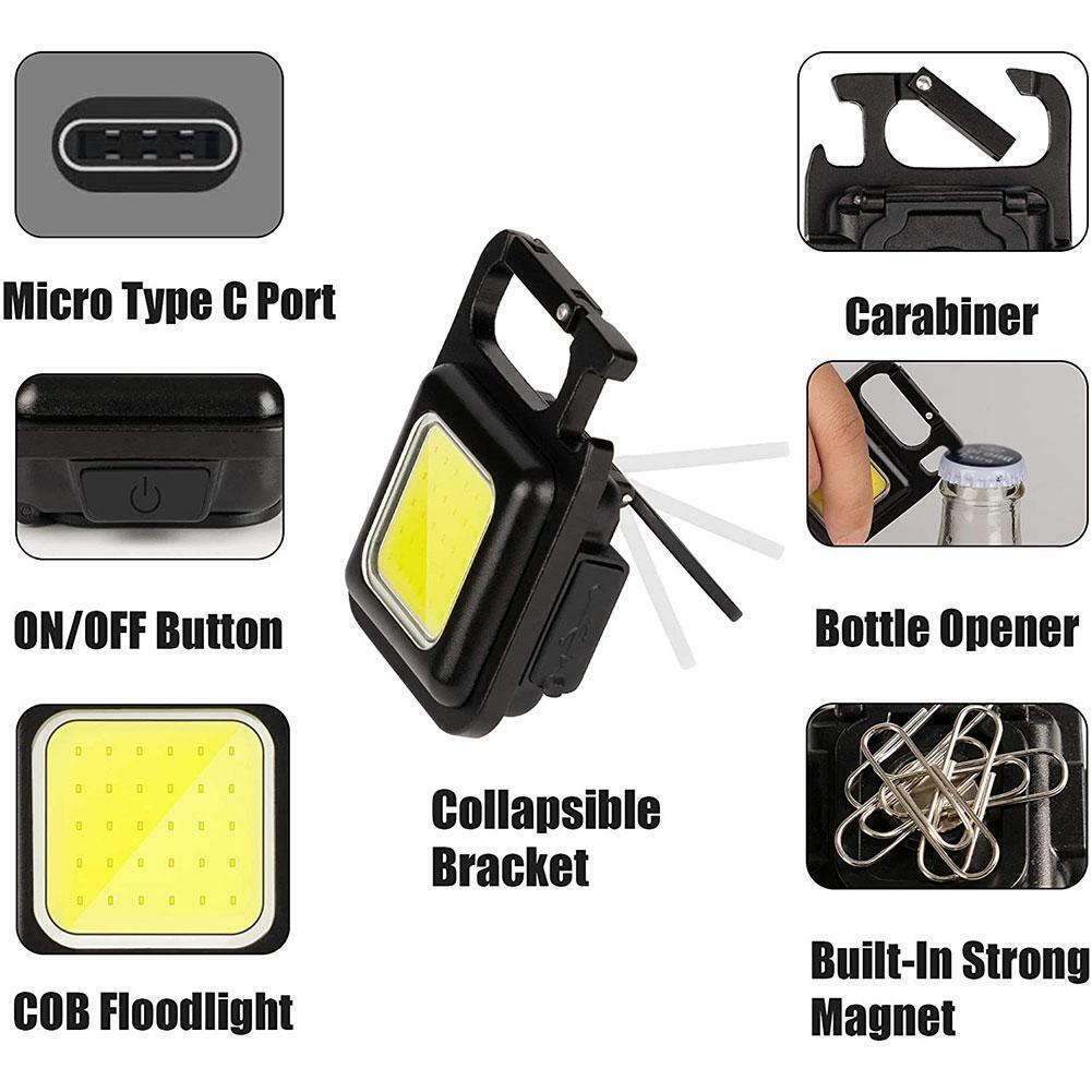 Mini COB Work Light Rechargeable LED Flashlight Keychain Portable Bottle Opener