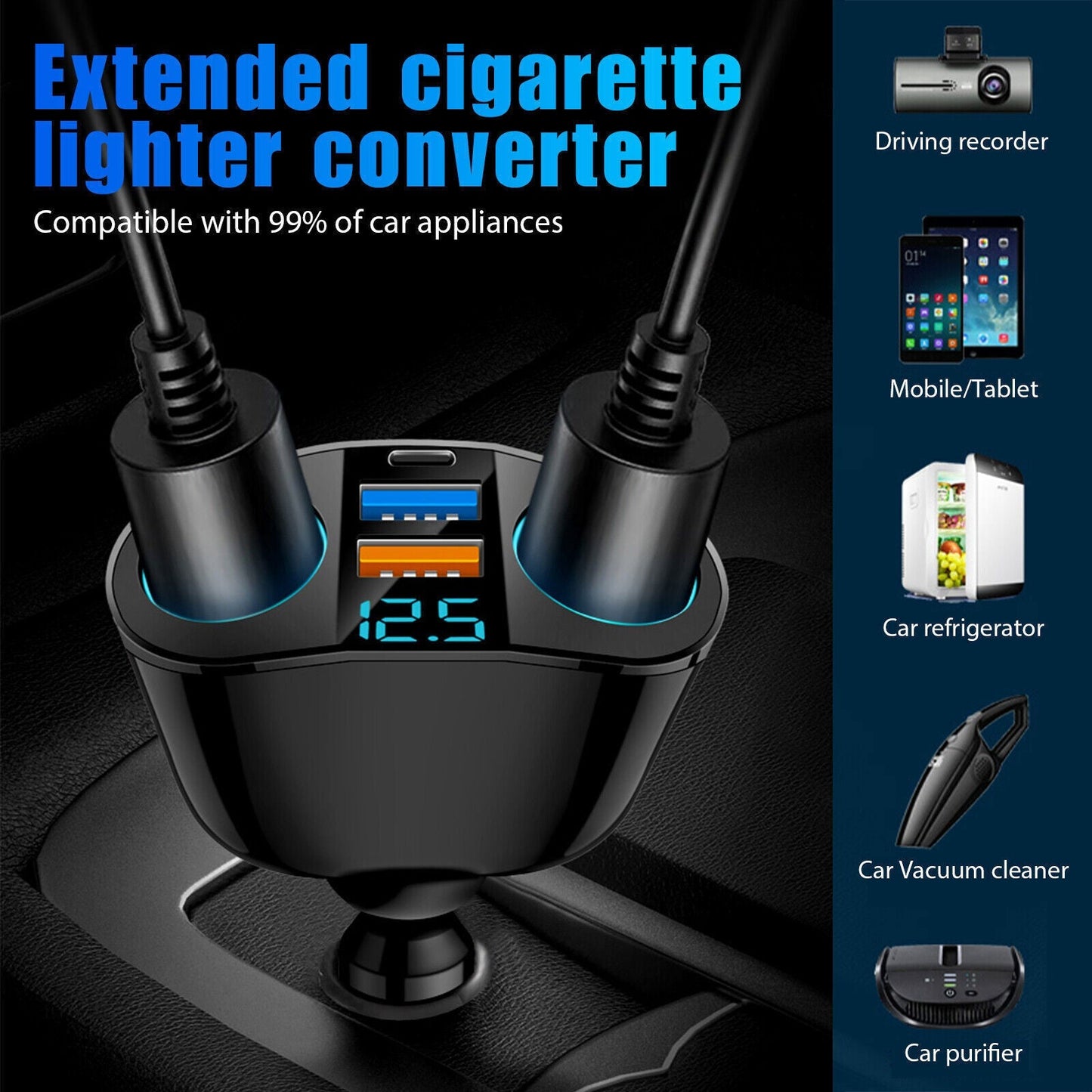 Allume-cigare de voiture USB, séparateur de prise, adaptateur d'alimentation, sortie de chargeur 12V 
