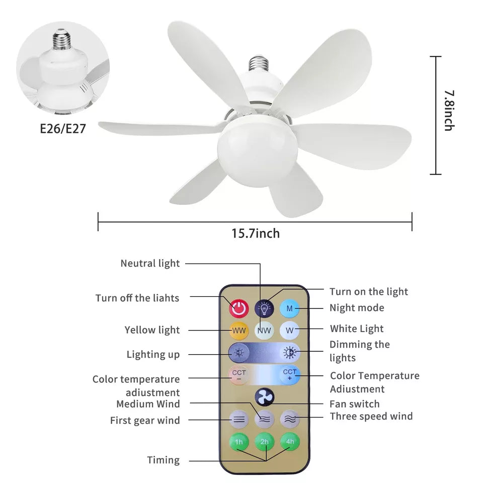 Socket Cooling Fan 30W E27 Socket Fan with Dimmable LED Light